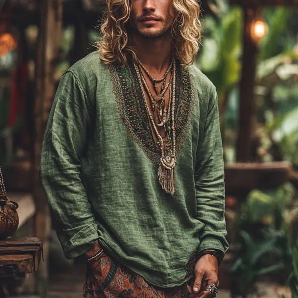 Herren-Oberteil im Bohemian-Urlaubsstil, Vintage-Stil, bedrucktes Leinen, lässig, langärmelig 