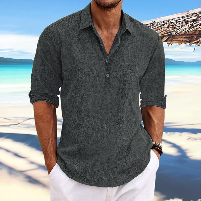 Men's Casual Solid Color Pullover Lapel Roll-Up Sleeve Long Sleeve Shirt