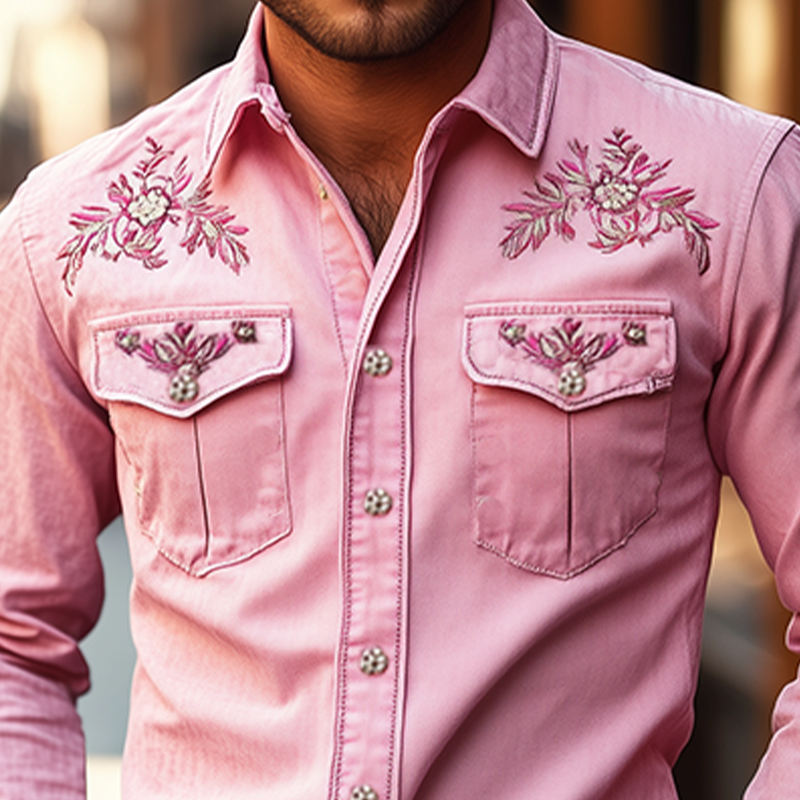 Chemise à manches longues brodée style western américain rétro pour homme