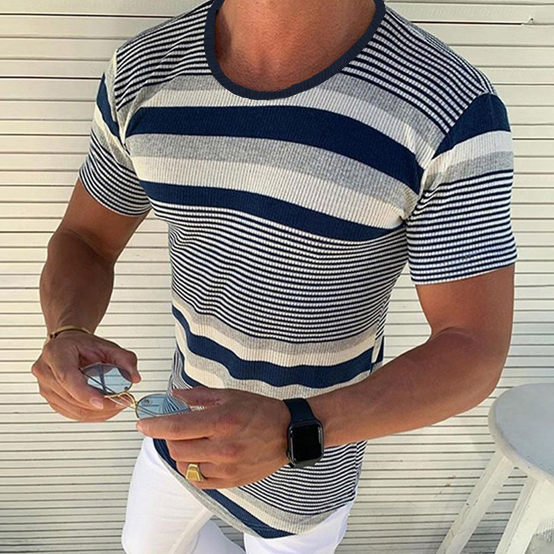 Men's Spring and Summer Casual Horizontal Stripe Knit Short Sleeve T-Shirt ASW1978C7K