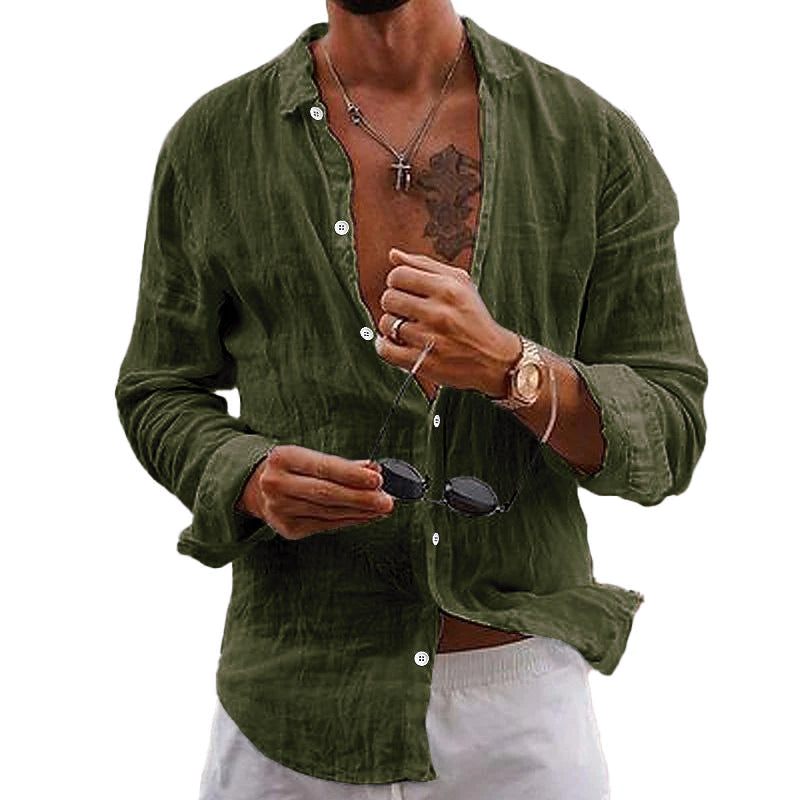 Men's Casual Solid Color Lapel Cotton Linen Long-Sleeved Shirt