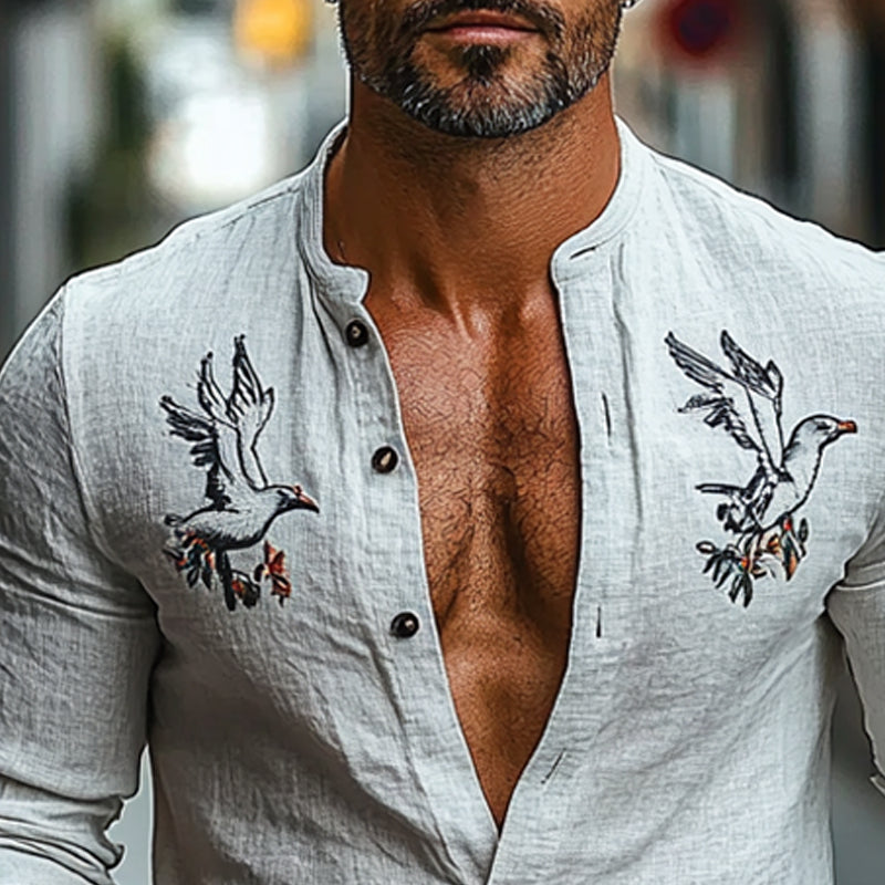 Men's Cotton and Linen Embroidered Round Neck Long Sleeve Shirt