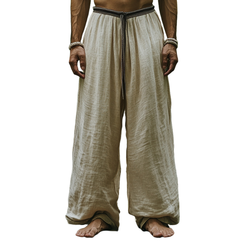 Men's Straight Loose Cotton and Linen Vintage Belt Casual Pants