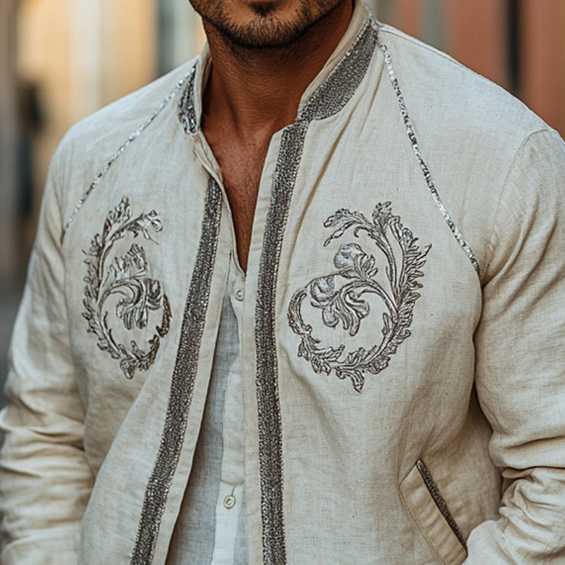 Men's Spring Fashion Embroidered Cotton and Linen Jacket