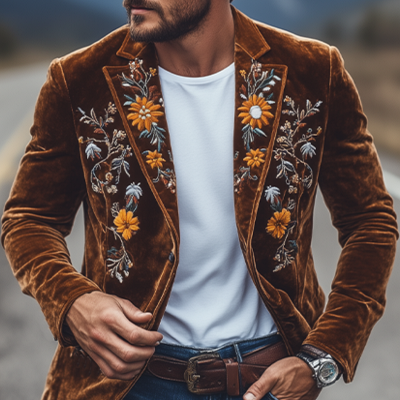 Blazer classique rétro slim fit à simple boutonnage en velours brodé pour homme
