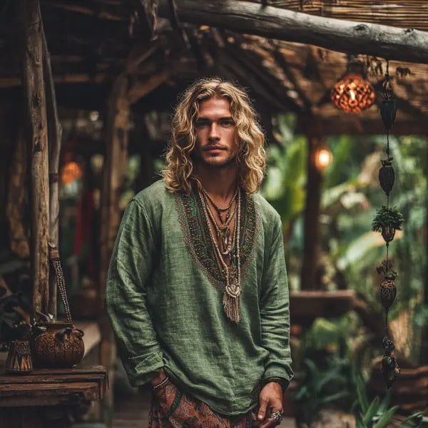 Herren-Oberteil im Bohemian-Urlaubsstil, Vintage-Stil, bedrucktes Leinen, lässig, langärmelig 