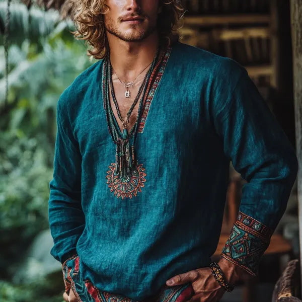 Herren-Oberteil im Bohemian-Urlaubsstil, Vintage-Stil, bedrucktes Leinen, lässig, langärmelig 