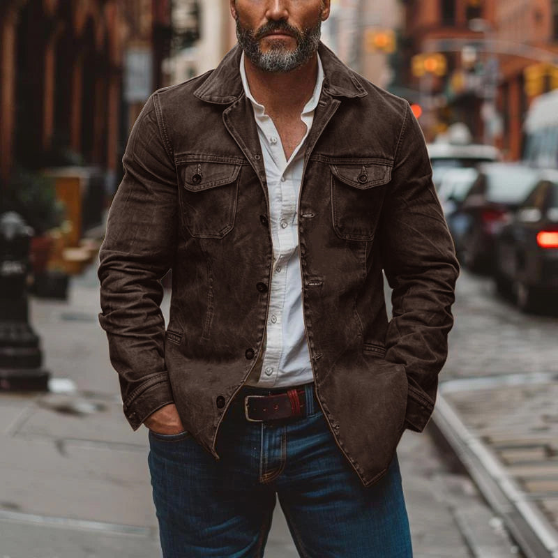 Veste de travail vintage en cuir délavé épais pour homme, simple boutonnage, multi-poches