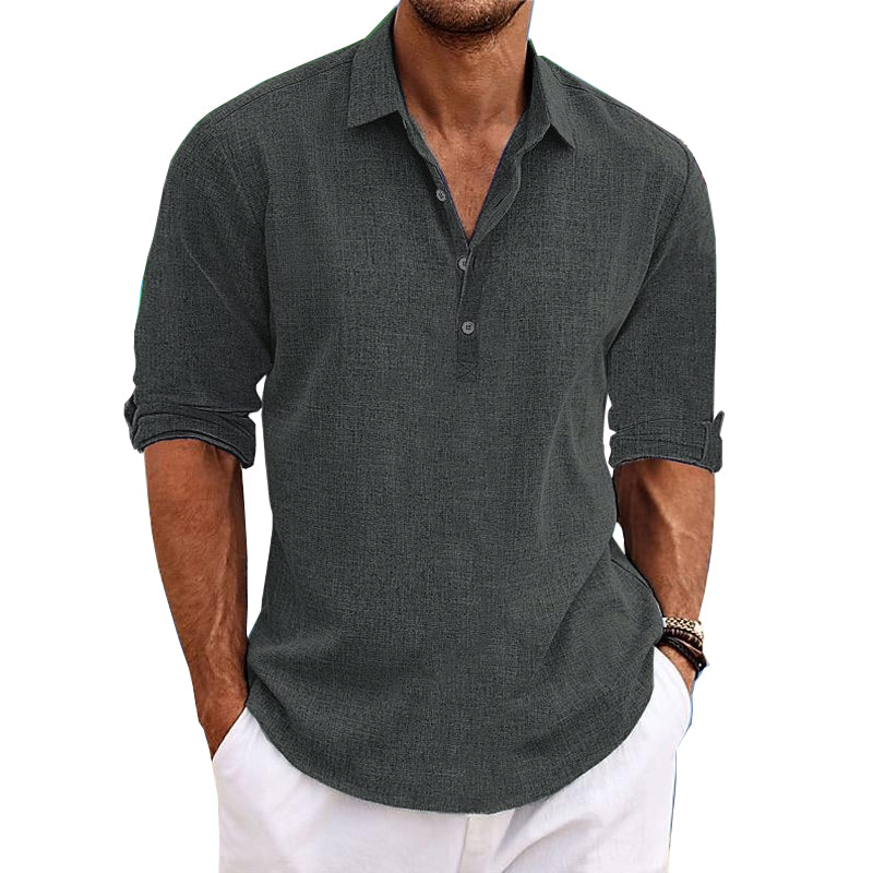 Men's Casual Solid Color Pullover Lapel Roll-Up Sleeve Long Sleeve Shirt