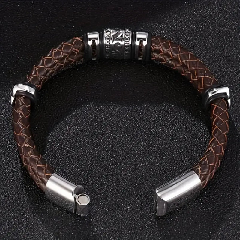 (Free Gift Order $129, Add To Car First)New Fashion Double Layer Punk Brown Braided Faux Leather Bracelet, Metal Magnetic Buckle Bracelet