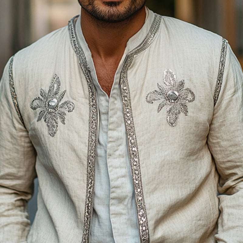 Men's Spring and Autumn Cotton and Linen Fashion Embroidered Jacket