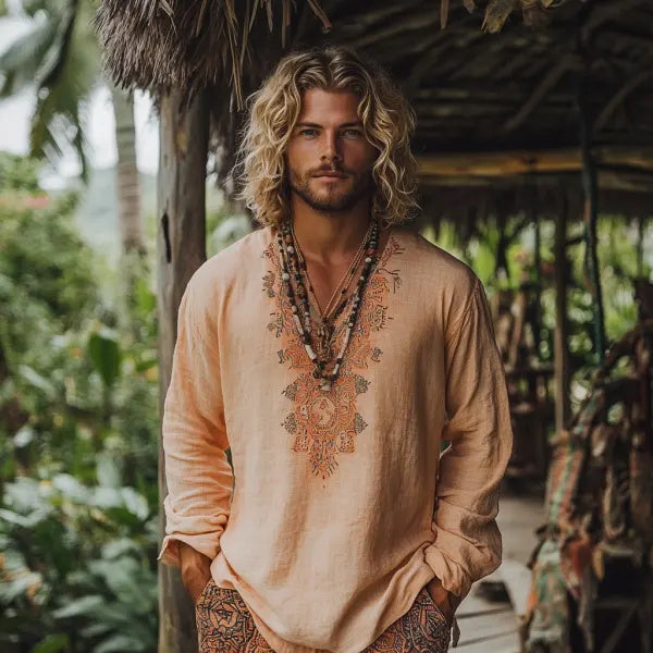 Herren-Oberteil im Bohemian-Urlaubsstil, Vintage-Stil, bedrucktes Leinen, lässig, langärmelig 