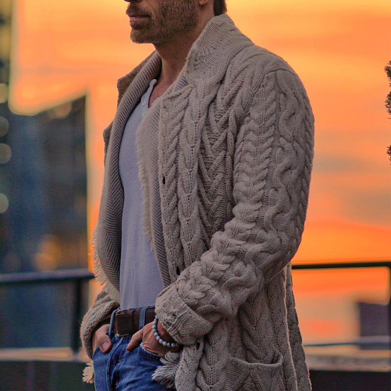 Men's Vintage Stand Collar Single Breasted Cable Knit Cardigan