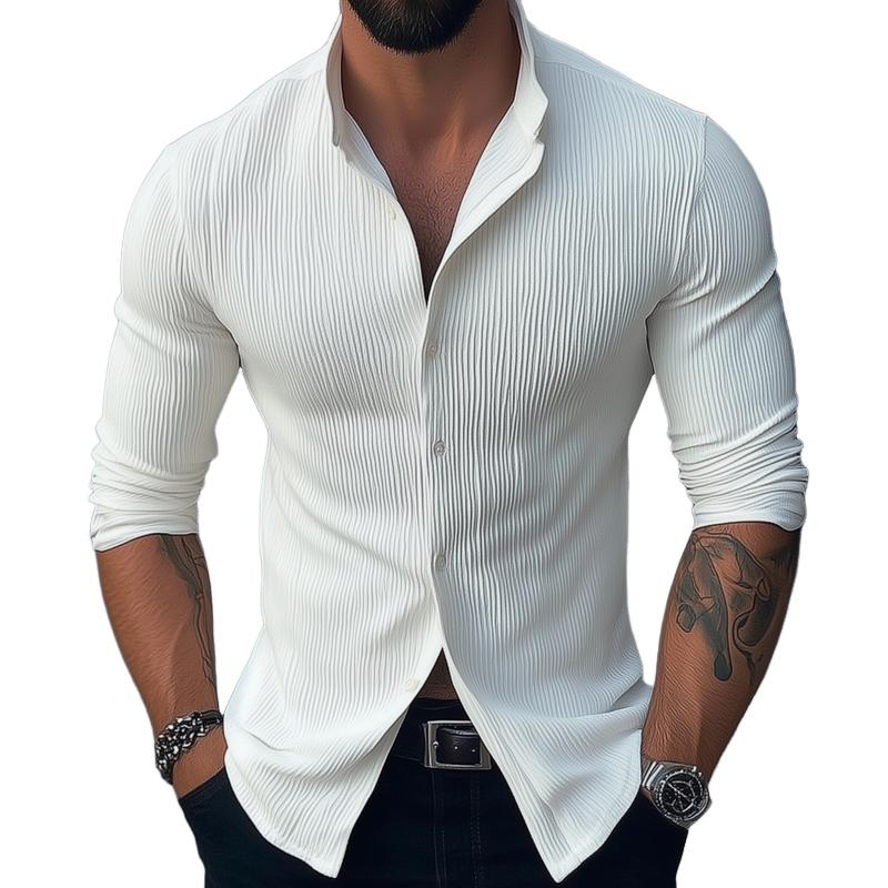 Chemise décontractée à manches longues et col montant pour homme, couleur unie