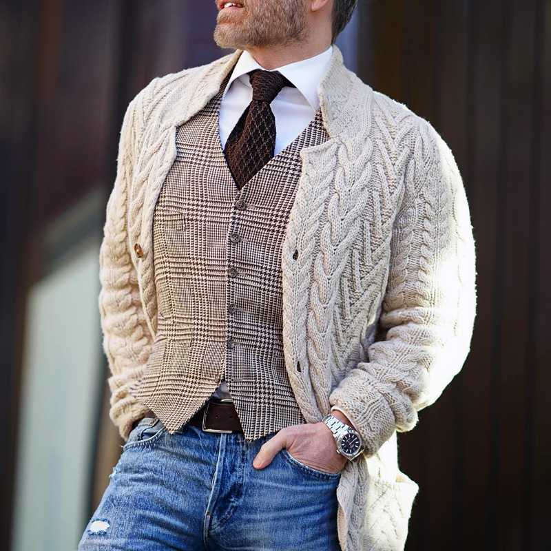 Men's Vintage Stand Collar Single Breasted Cable Knit Cardigan