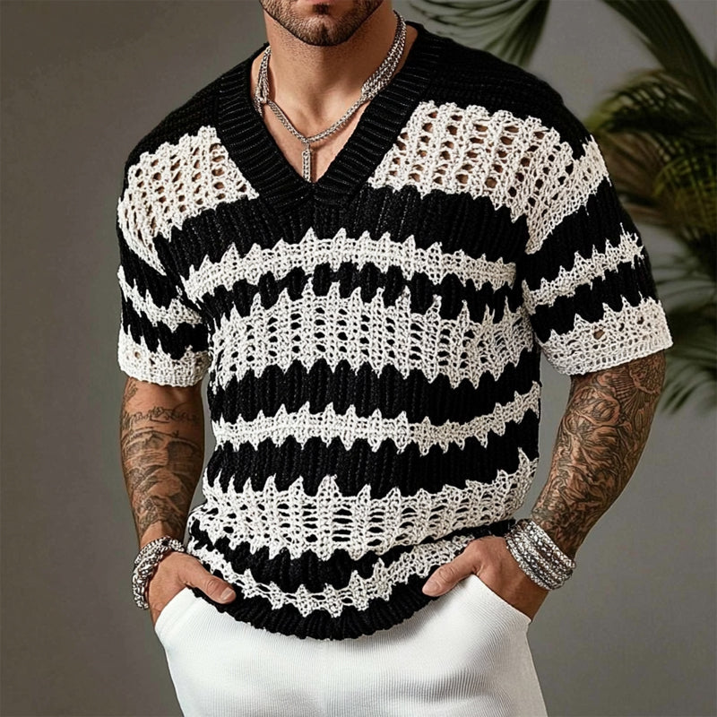T-shirt à manches courtes et col en V en tricot contrasté pour homme