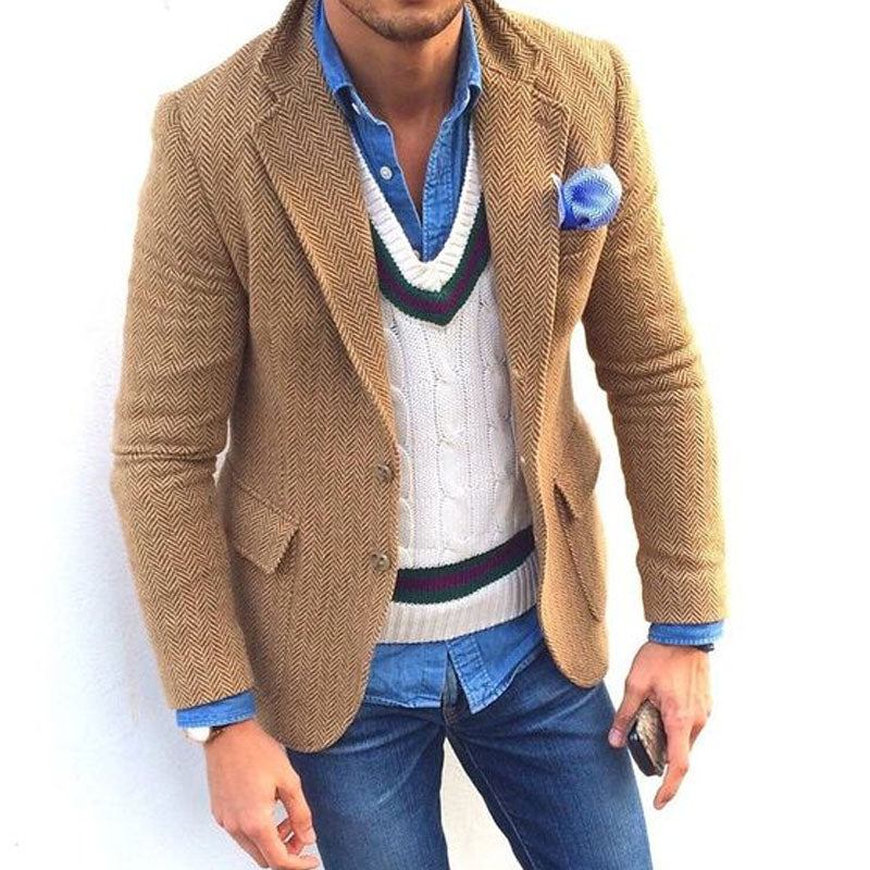 Blazer vintage à revers à chevrons et boutonnage simple pour homme 
