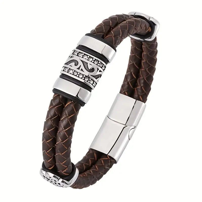 (Free Gift Order $129, Add To Car First)New Fashion Double Layer Punk Brown Braided Faux Leather Bracelet, Metal Magnetic Buckle Bracelet