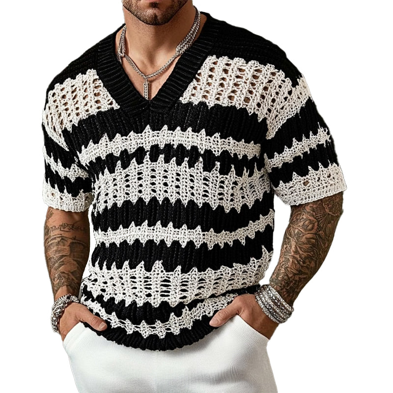 T-shirt à manches courtes et col en V en tricot contrasté pour homme