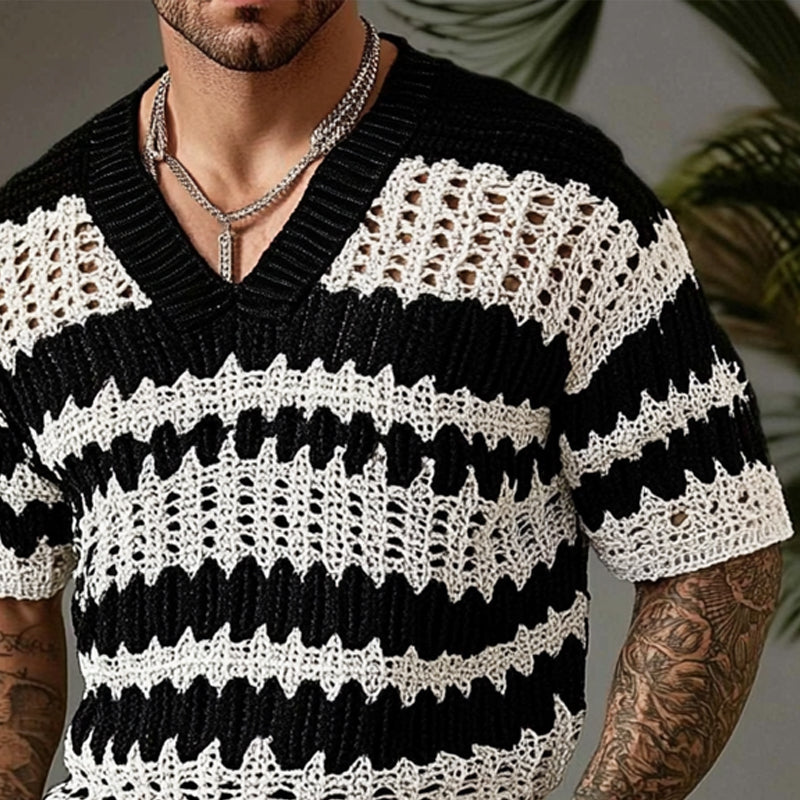 T-shirt à manches courtes et col en V en tricot contrasté pour homme
