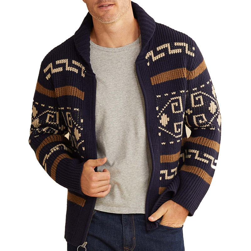 Men's Geometric Print Lapel Sweater Cardigan Jacket