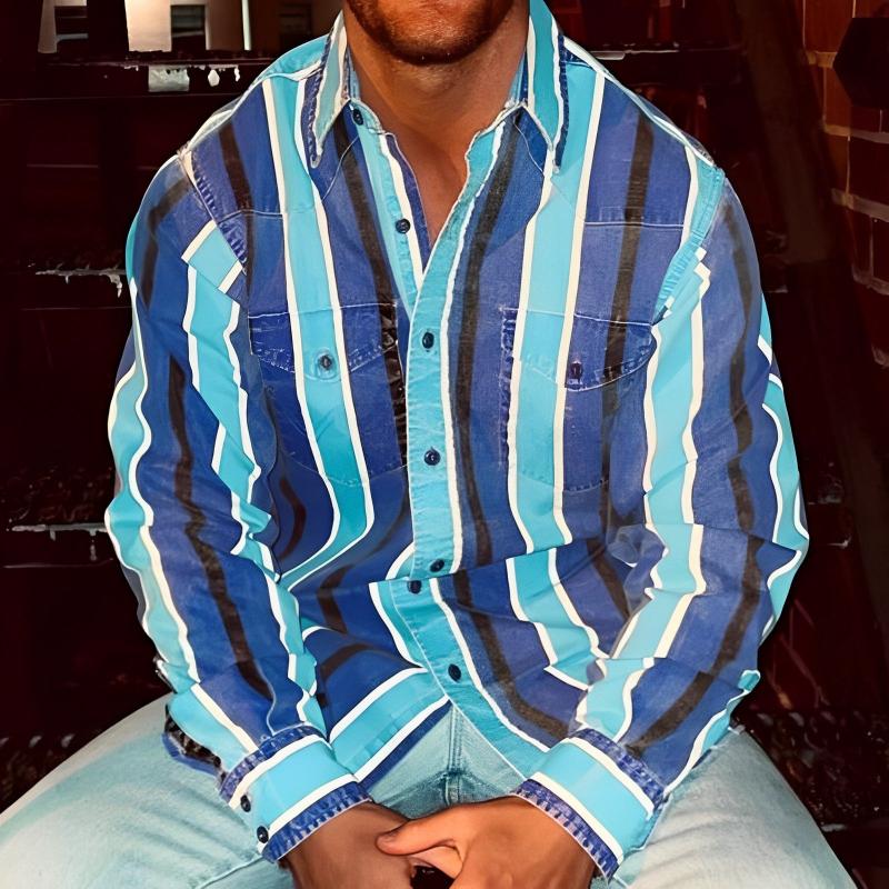 Men's Retro Color Block Stripe Printed Loose Long Sleeve Shirt