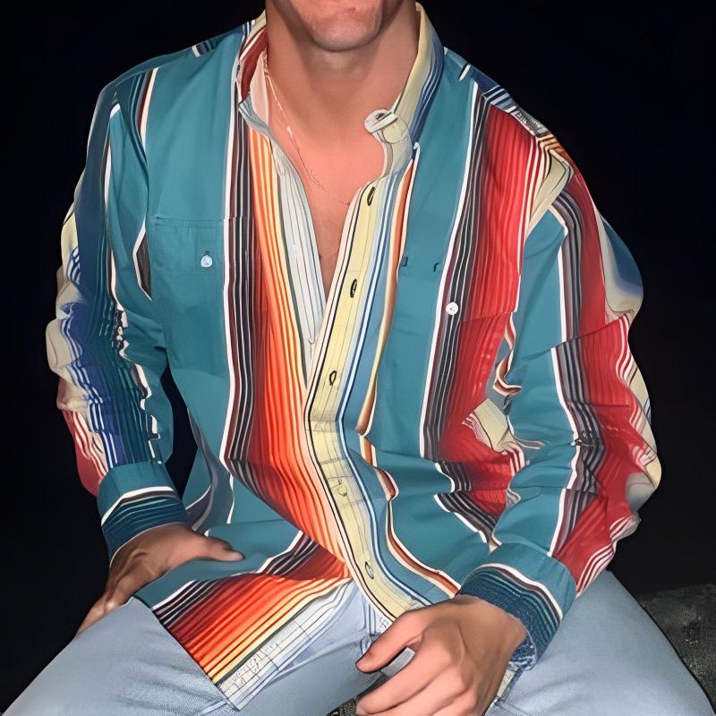 Men's Retro Color Block Stripe Printed Loose Long Sleeve Shirt
