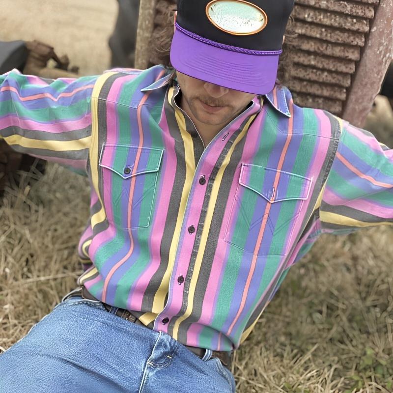 Men's Retro Color Block Stripe Printed Loose Long Sleeve Shirt