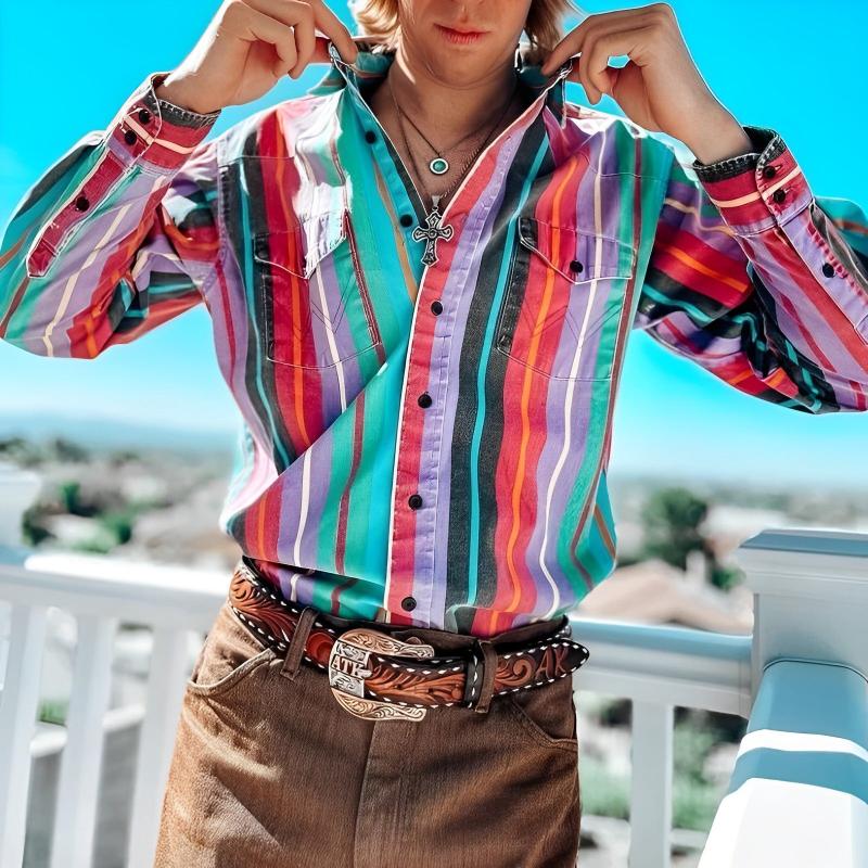 Men's Retro Color Block Stripe Printed Loose Long Sleeve Shirt