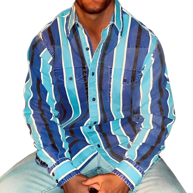 Men's Retro Color Block Stripe Printed Loose Long Sleeve Shirt