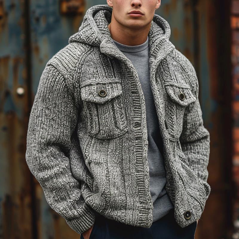 Cardigan tricoté à capuche texturé à rayures de couleur unie pour homme