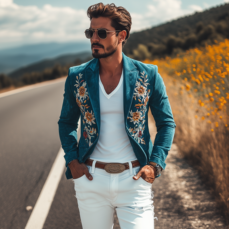 Men's Classic Retro Casual Slim Fit Western Style Embroidered Suede Blazer