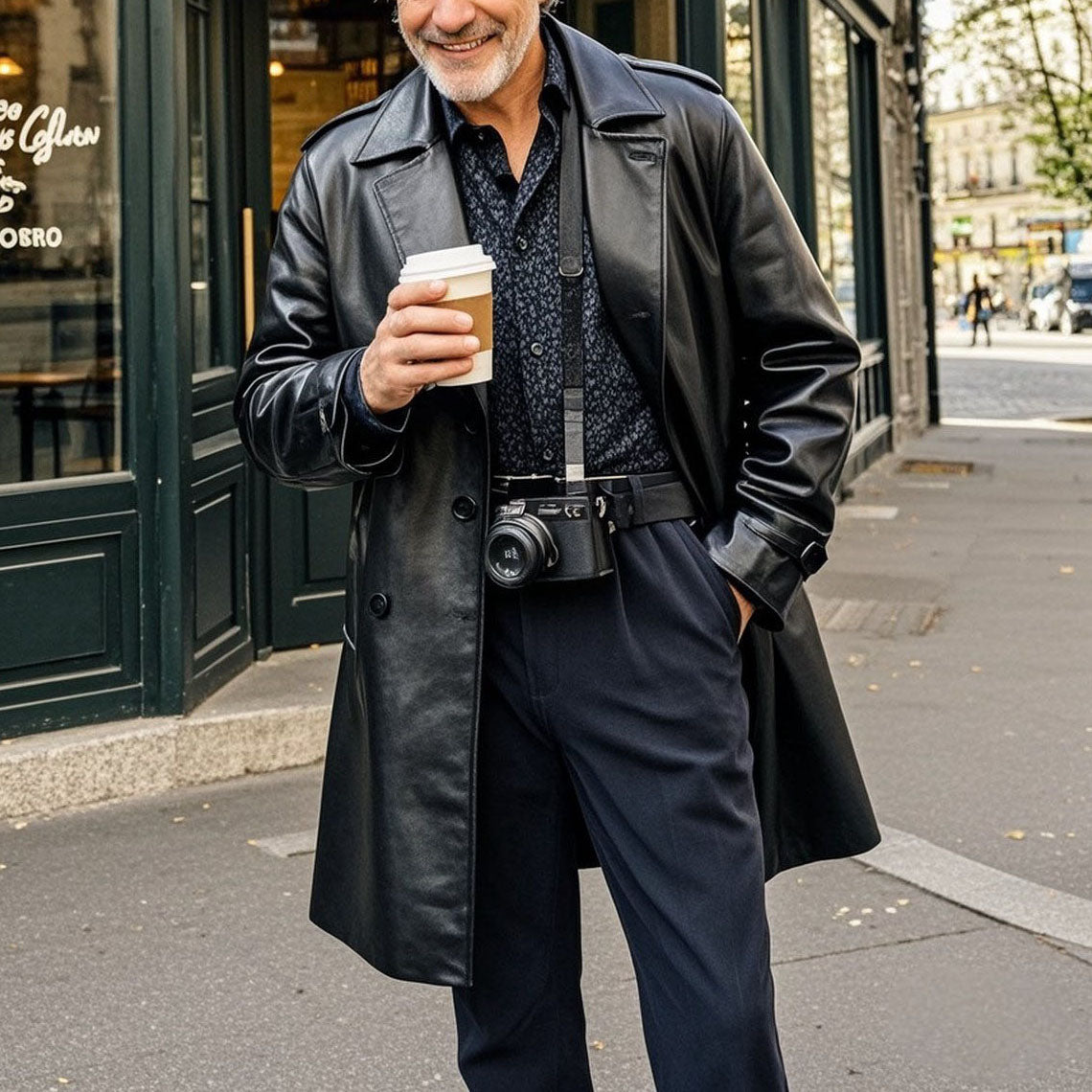 Men's fashionable and casual black leather coat