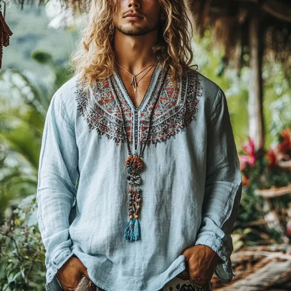 Herren-Oberteil im Bohemian-Urlaubsstil, Vintage-Stil, bedrucktes Leinen, lässig, langärmelig 