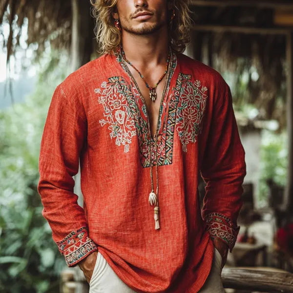 Herren-Oberteil im Bohemian-Urlaubsstil, Vintage-Stil, bedrucktes Leinen, lässig, langärmelig 