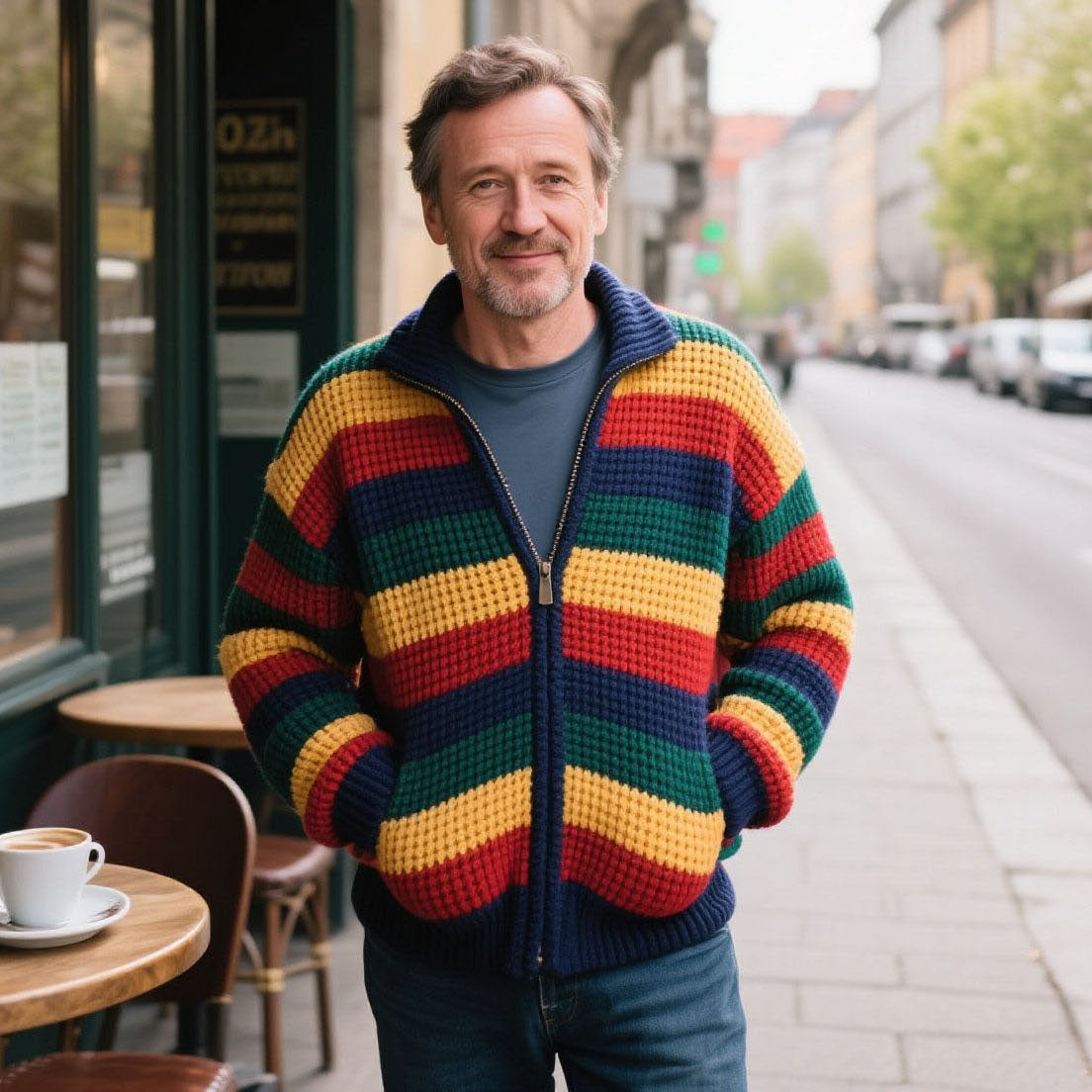 Cardigan à rayures arc-en-ciel décontracté et tendance pour homme
