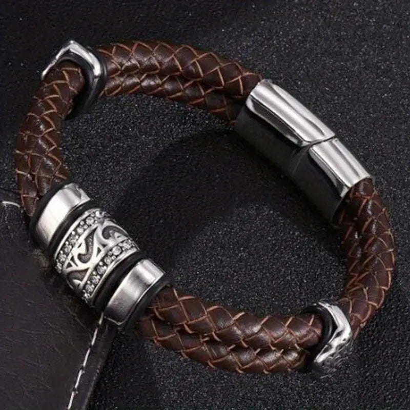 (Free Gift Order $129, Add To Car First)New Fashion Double Layer Punk Brown Braided Faux Leather Bracelet, Metal Magnetic Buckle Bracelet