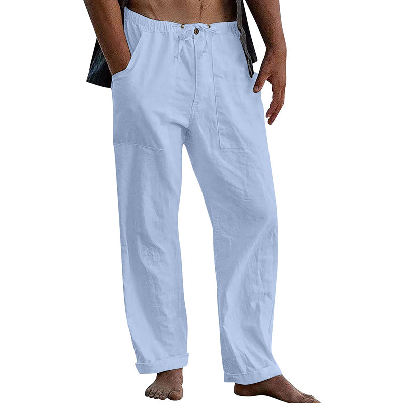 Pantalon décontracté en coton et lin pour homme, couleur unie