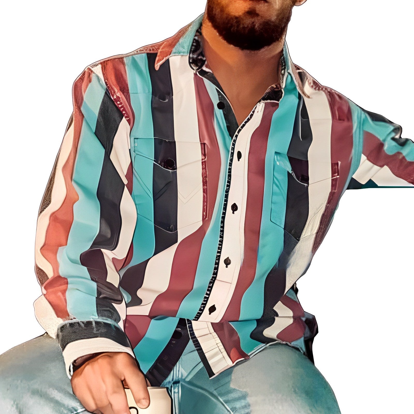 Men's Retro Color Block Stripe Printed Loose Long Sleeve Shirt