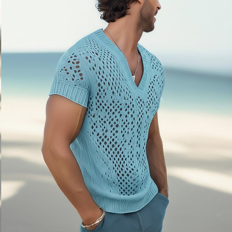 Men's Summer Fashion V-neck Knitted Mesh Breathable T-shirt ASW0240D7U
