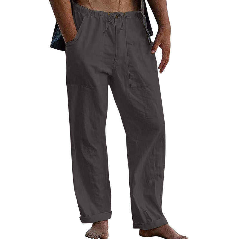 Pantalon décontracté en coton et lin pour homme, couleur unie