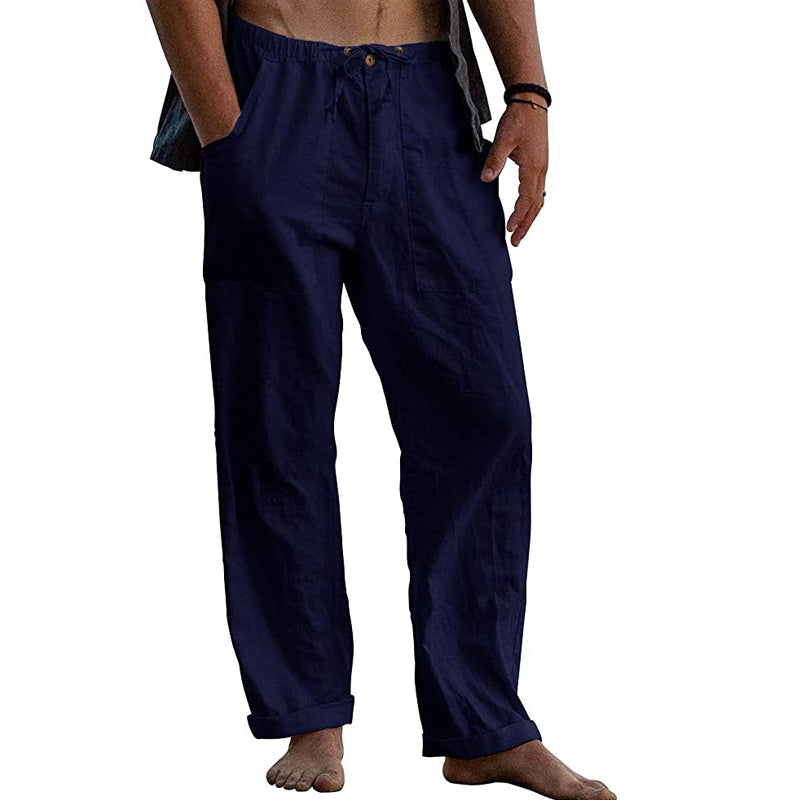 Pantalon décontracté en coton et lin pour homme, couleur unie