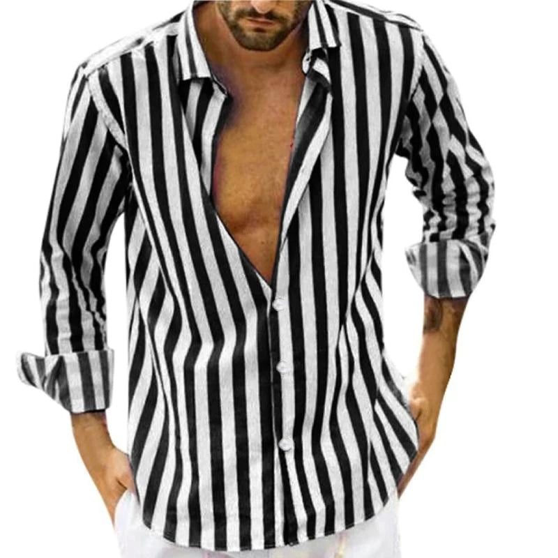 Men's Long Sleeve Striped Lapel Shirt