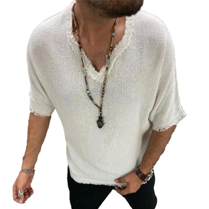 T-shirt ample à manches courtes et col en V en coton et lin pour homme