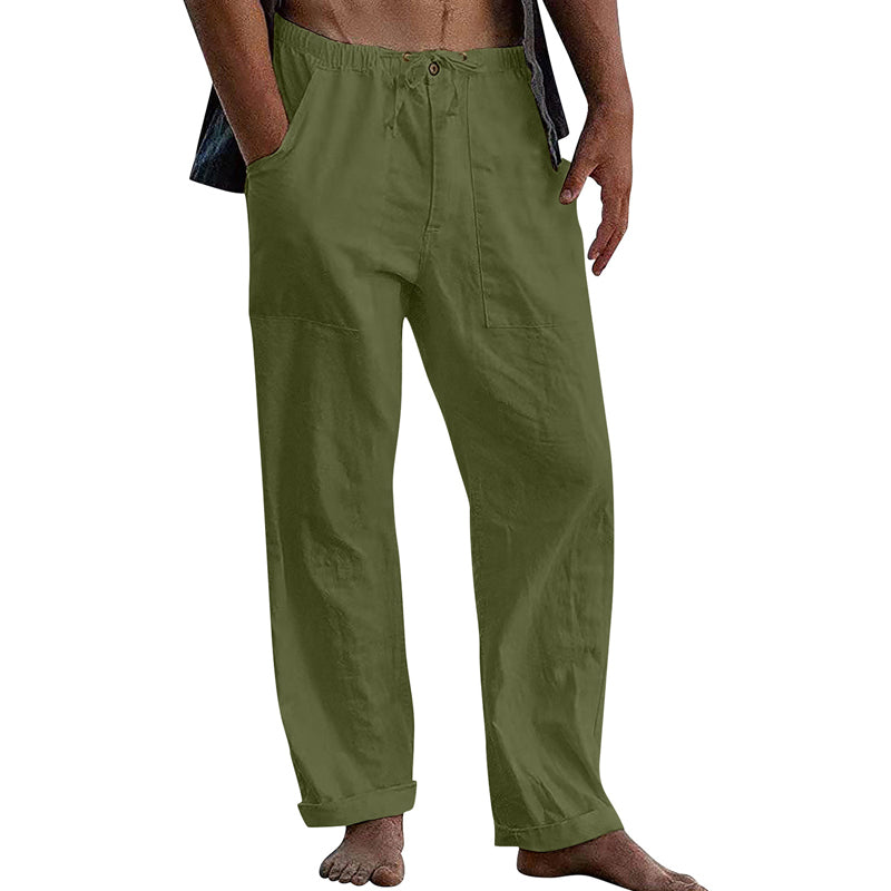 Pantalon décontracté en coton et lin pour homme, couleur unie