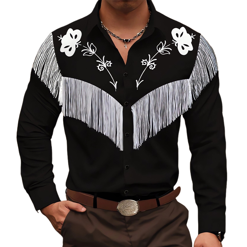 Men's Vintage Embroidered Tassel Long Sleeve Cotton Shirt