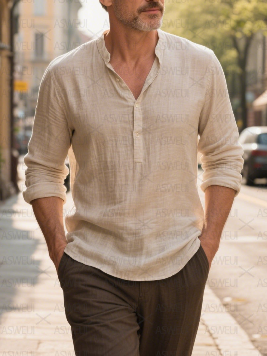 Men's fashion printed cotton and linen shirt