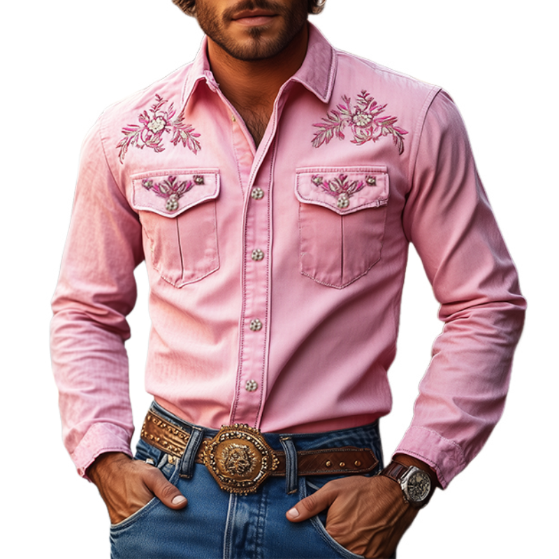 Chemise à manches longues brodée style western américain rétro pour homme