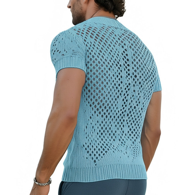 Men's Summer Fashion V-neck Knitted Mesh Breathable T-shirt ASW0240D7U