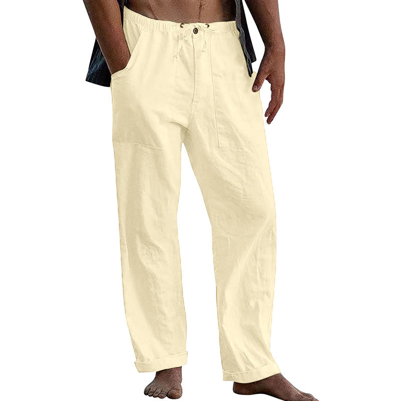 Pantalon décontracté en coton et lin pour homme, couleur unie